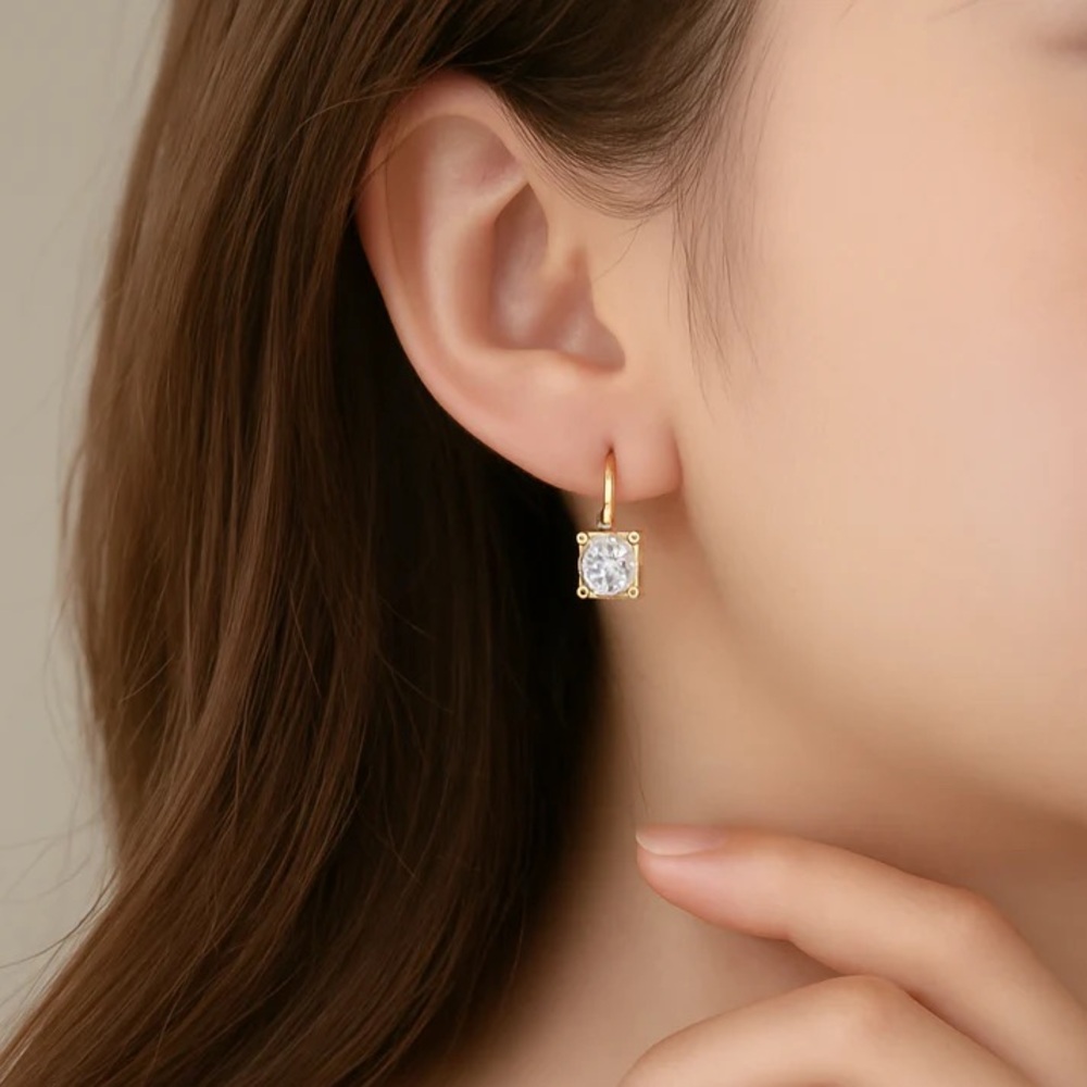 Gold-Tone Square CZ Drop Earrings - Sparkling Clear Stones - Picture 4 of 5